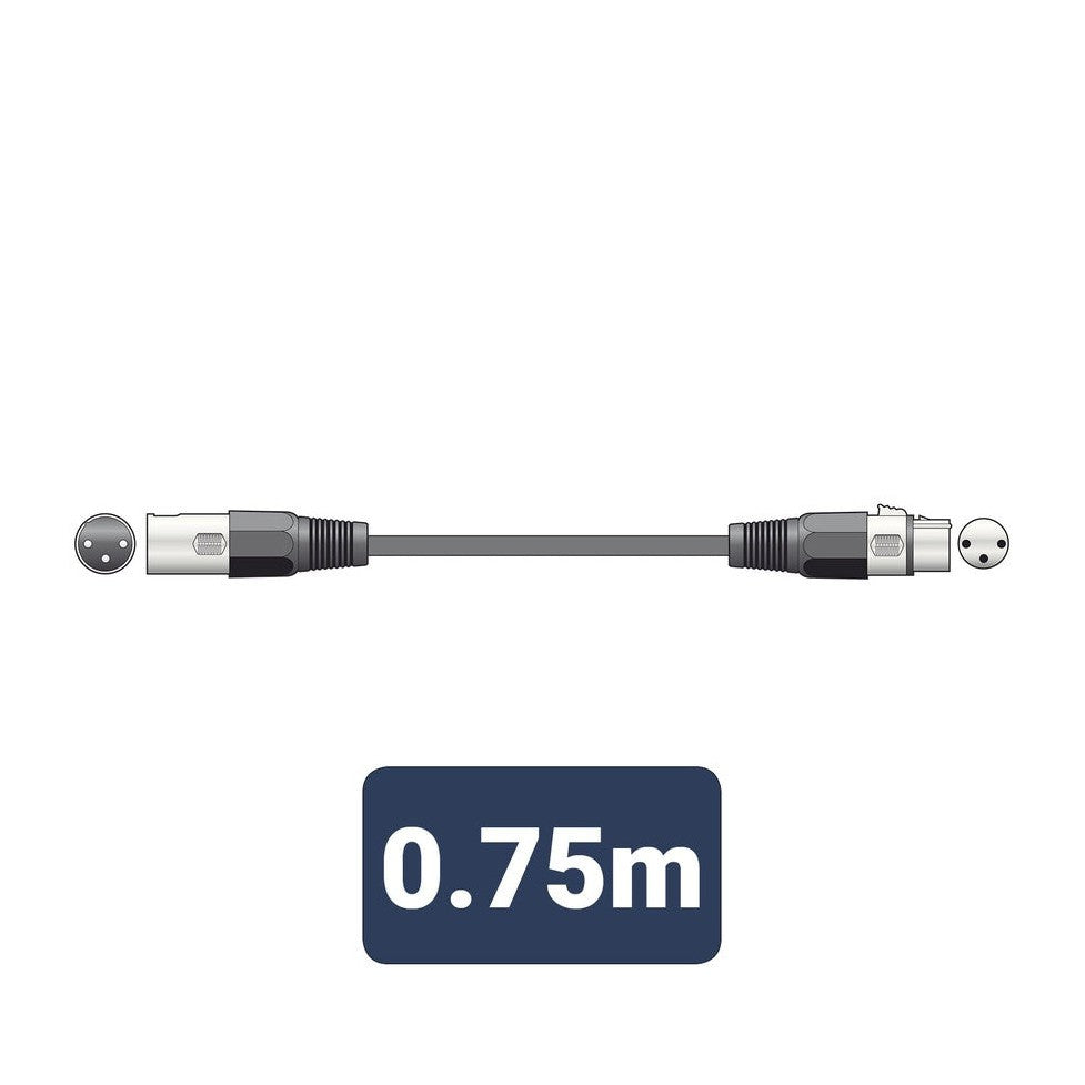 DMX lighting lead, 3-pin XLR plug to 3-pin XLR socket - 0.75m